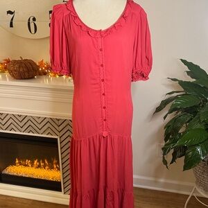 Max Studio Coral Pink Ruffle-Trim Long Sleeve Midi Dress